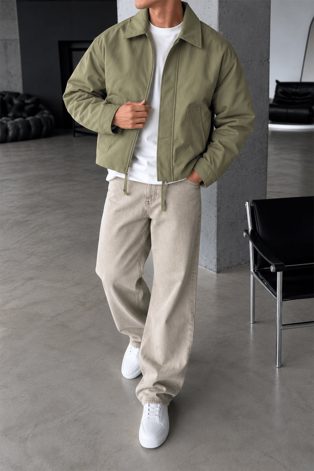 Τζάκετ Premium Suede Bomber Crop με Γιακά – Χακί