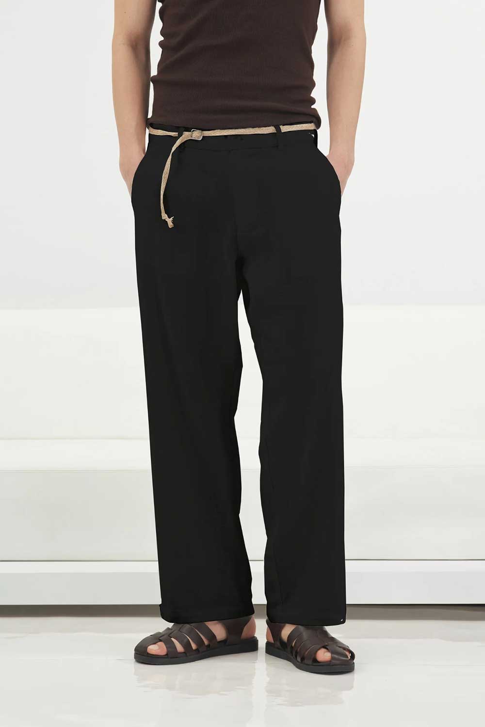 Παντελόνι Linen Straight-Leg με Ψάθινη Ζώνη Studio – Μαύρο