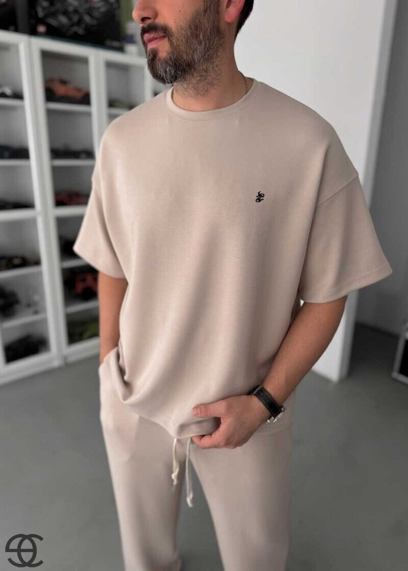 Embossed Modal Oversized T-Shirt & Relaxed Jogger Σετ – Μπεζ – 9