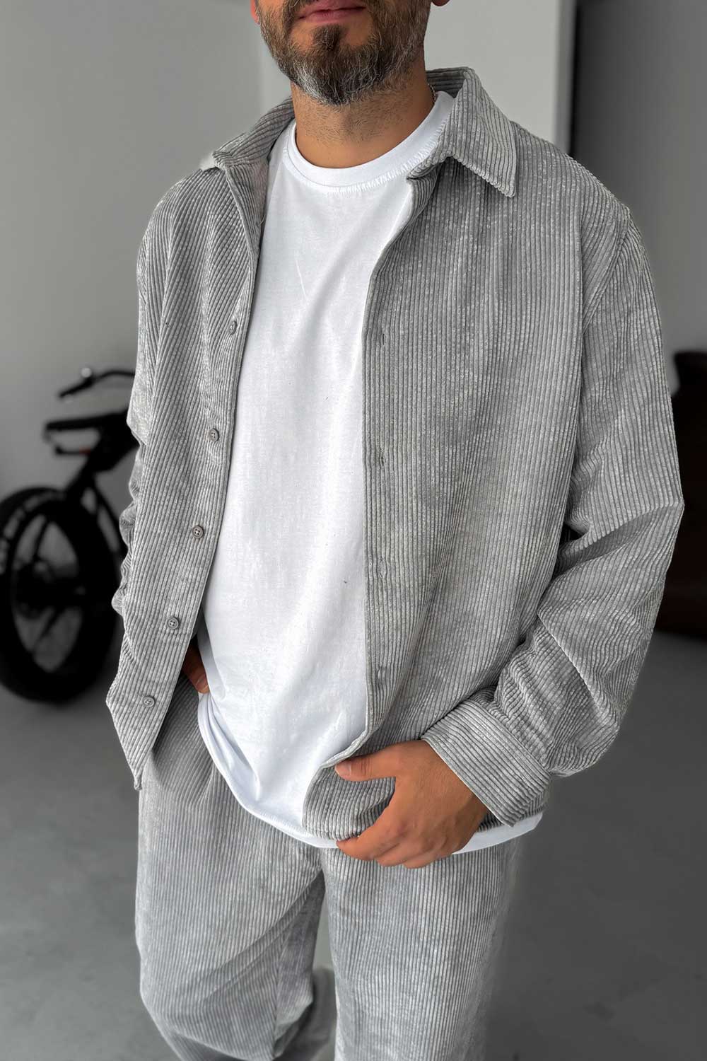Ανδρικό Σετ Κοτλέ Oversized Πουκάμισο & Baggy Παντελόνι - Γκρι