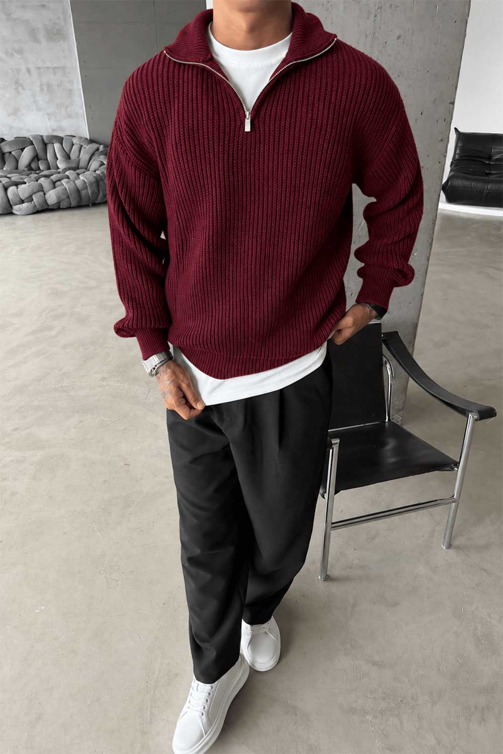 Ribbed Knit Jumper with Half Zip – Beige