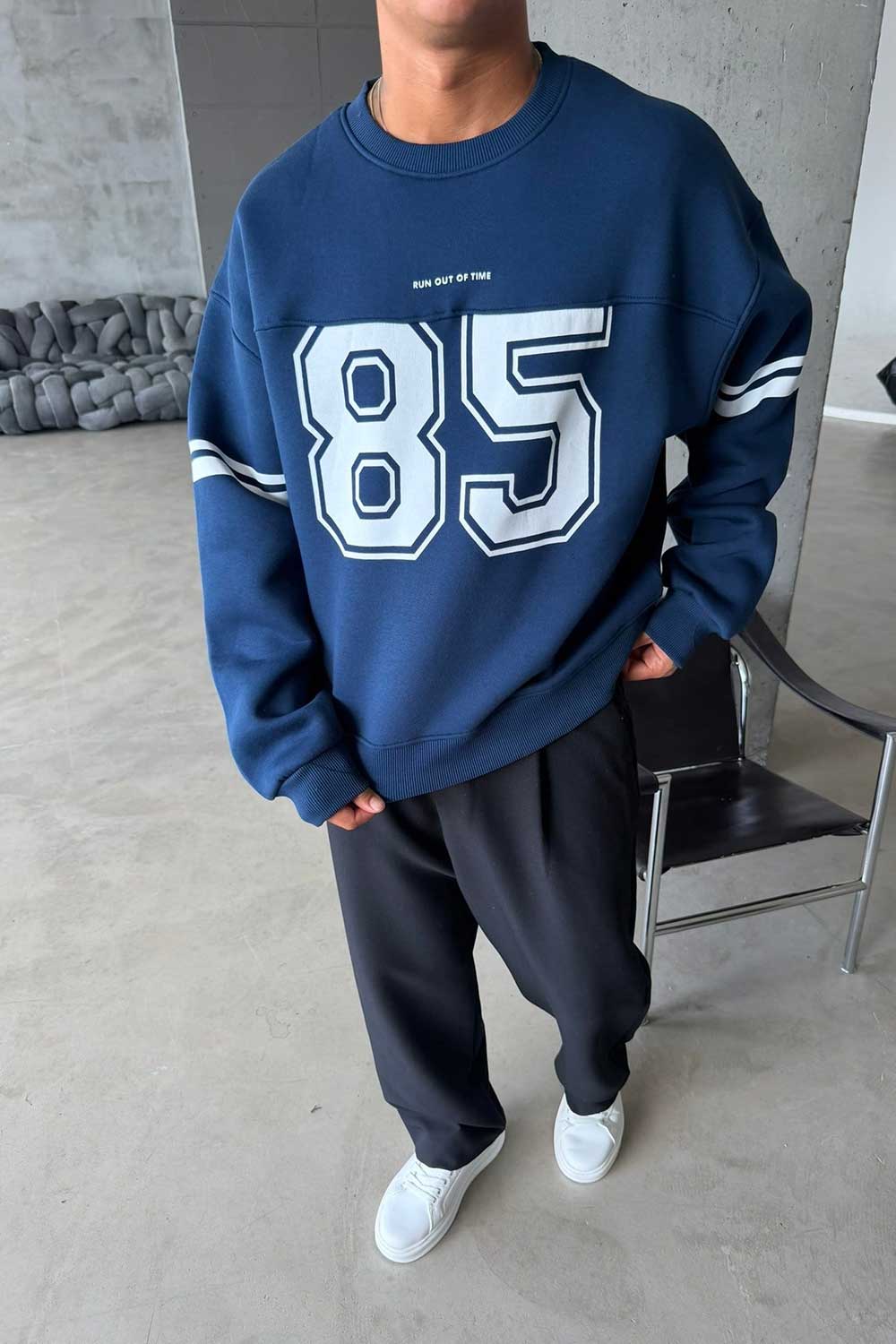 Φούτερ Premium Retro Varsity 85 Crewneck Με Εσωτερική Επένδυση – Μπλε