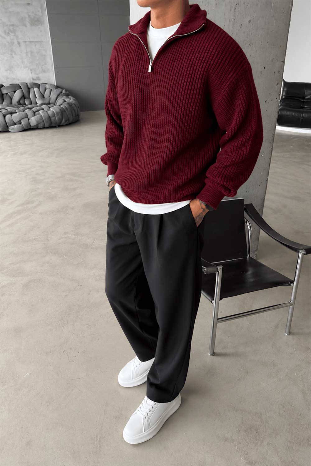 Ribbed Knit Jumper with Half Zip – Beige