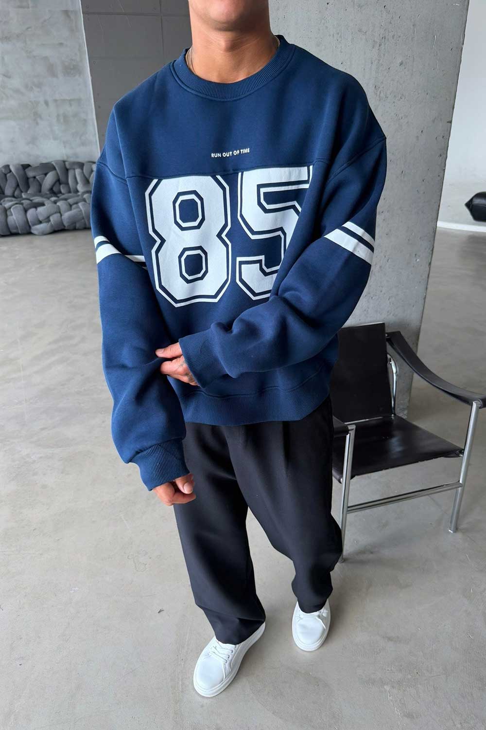 Φούτερ Premium Retro Varsity 85 Crewneck Με Εσωτερική Επένδυση – Μπλε