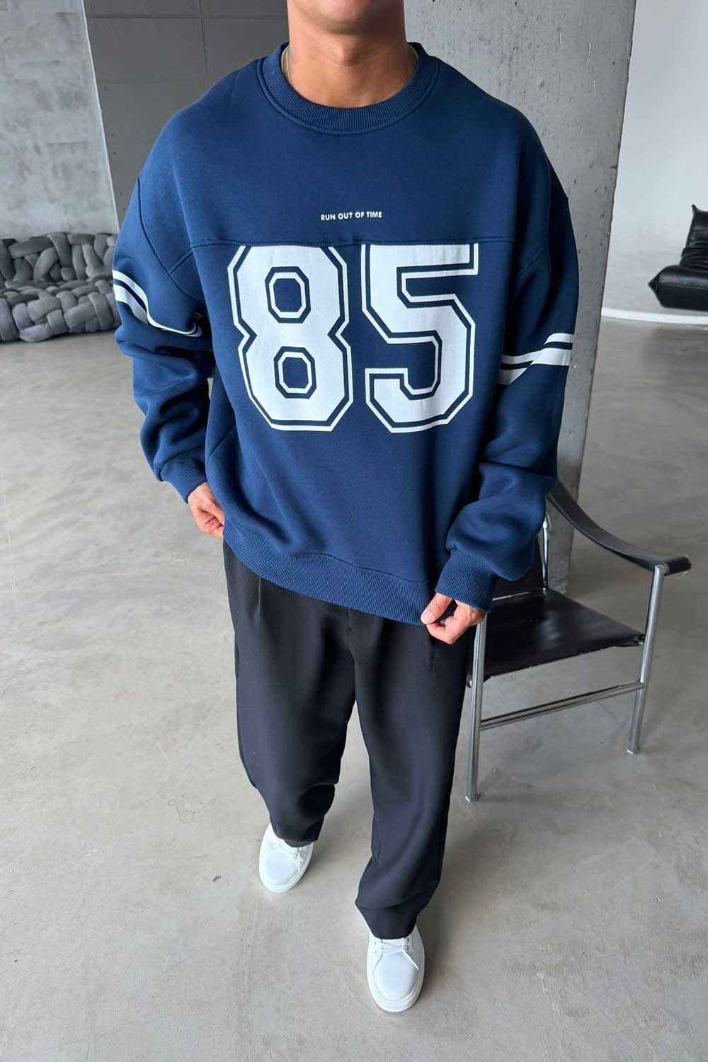 Φούτερ Premium Retro Varsity 85 Crewneck Με Εσωτερική Επένδυση – Μπλε