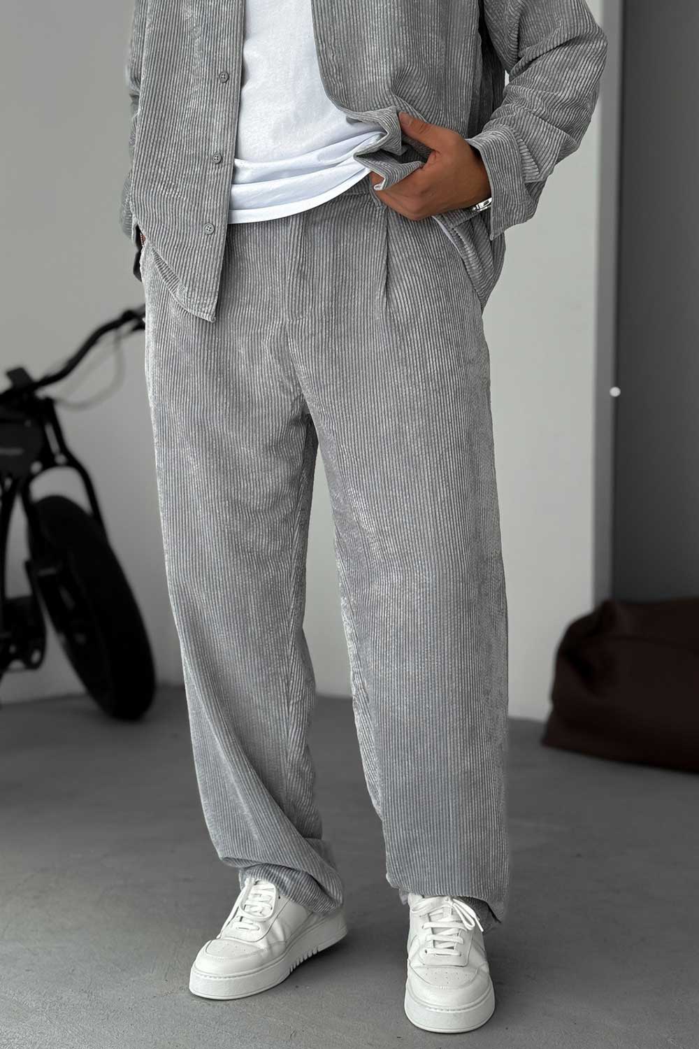 Ανδρικό Σετ Κοτλέ Oversized Πουκάμισο & Baggy Παντελόνι - Γκρι