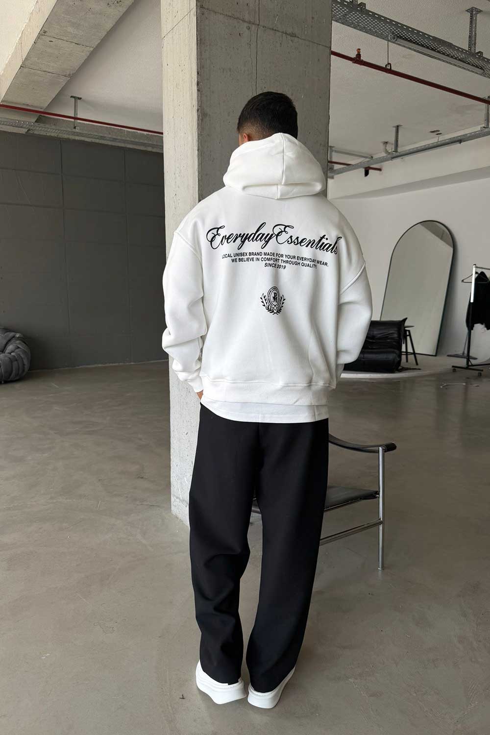 Φούτερ Premium Boxy Fit με Κουκούλα & Τυπώματα Everyday Essentials Με Εσωτερική Επένδυση – Λευκό