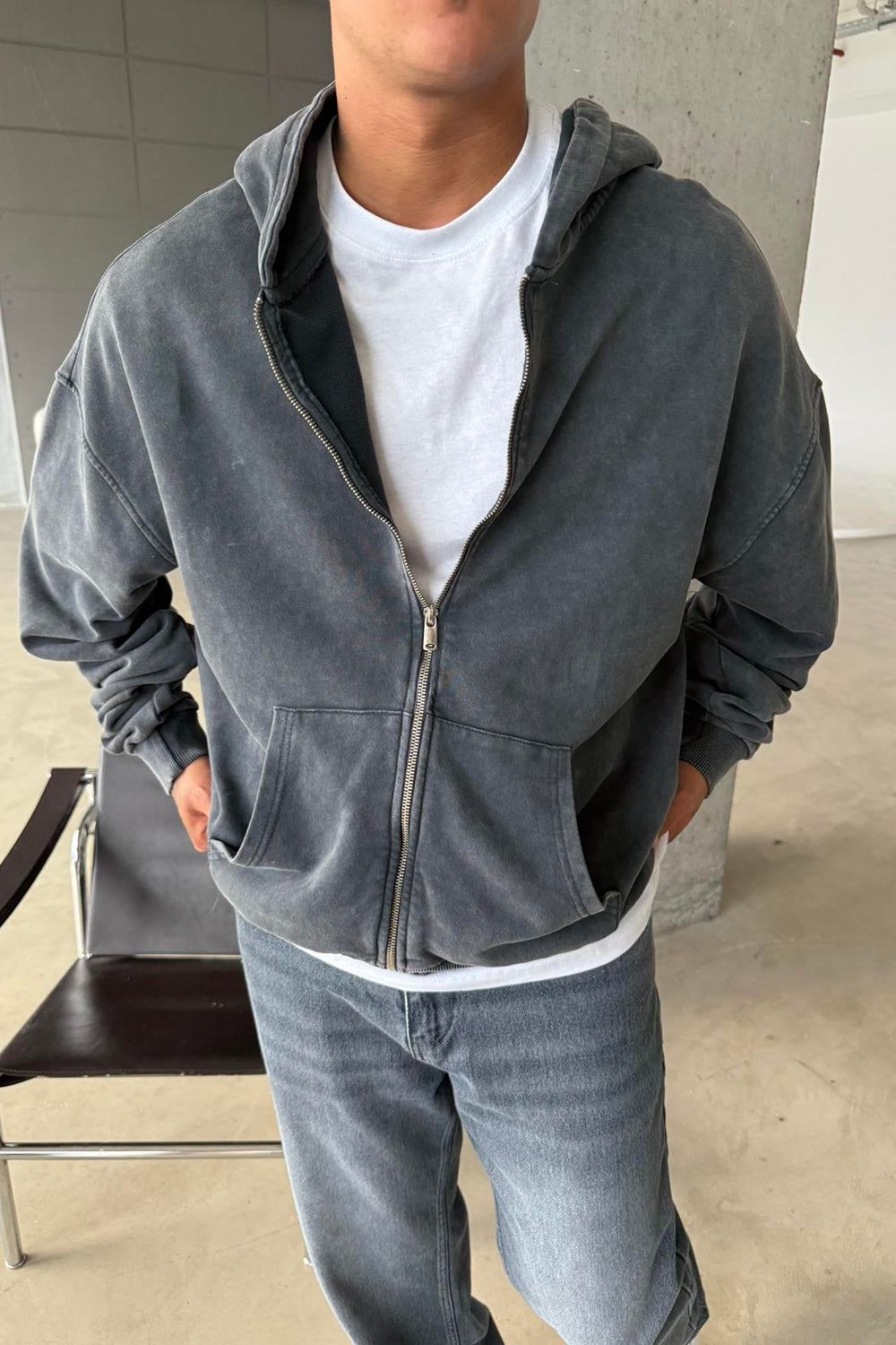 Ζακέτα Φούτερ Acid Wash Oversized με Κουκούλα – Γκρι / Ξεπλυμένο Μαύρο