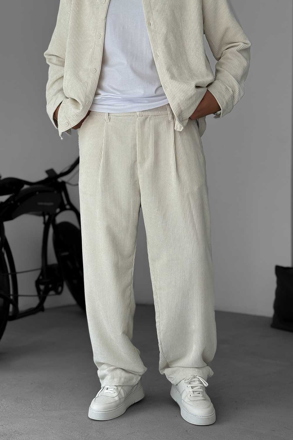 Ανδρικό Σετ Κοτλέ Oversized Πουκάμισο & Baggy Παντελόνι - Εκρού