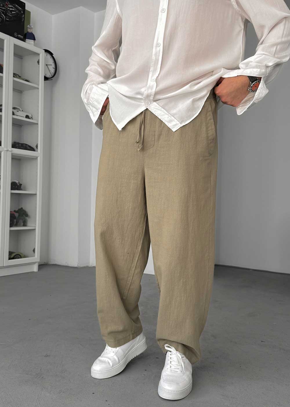 Baggy Παντελόνι Linen-Touch –  Χακί – 5