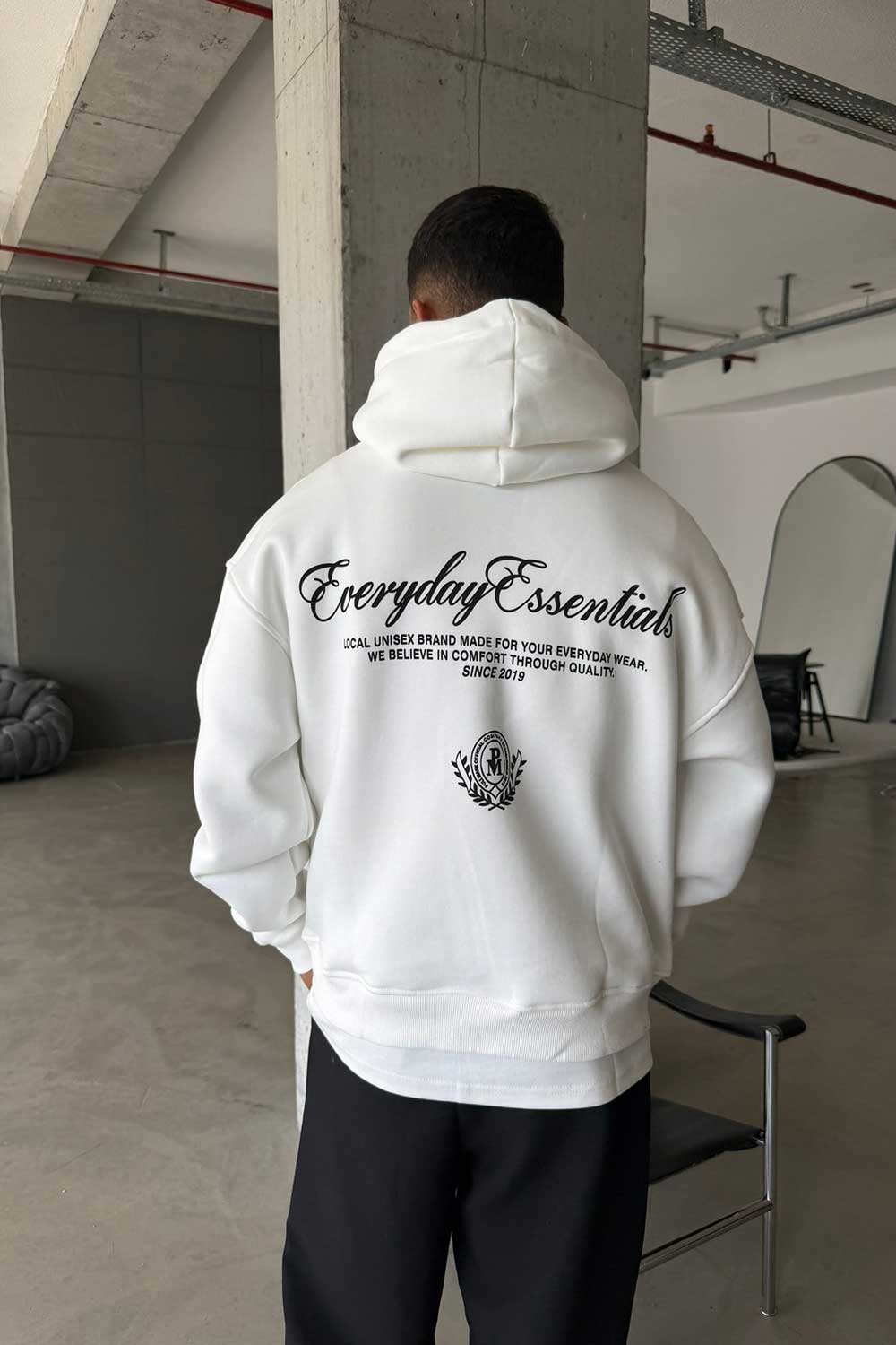 Φούτερ Premium Boxy Fit με Κουκούλα & Τυπώματα Everyday Essentials Με Εσωτερική Επένδυση – Λευκό
