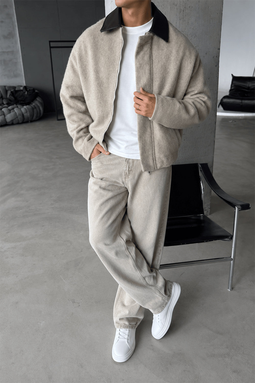 Teddy Bomber Jacket Μπεζ με Δερμάτινο Γιακά