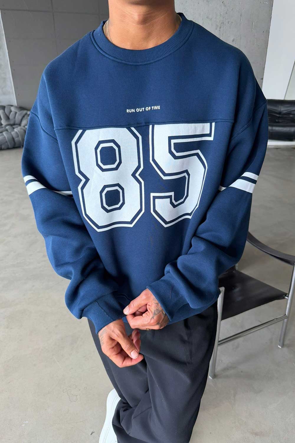 Φούτερ Premium Retro Varsity 85 Crewneck Με Εσωτερική Επένδυση – Μπλε