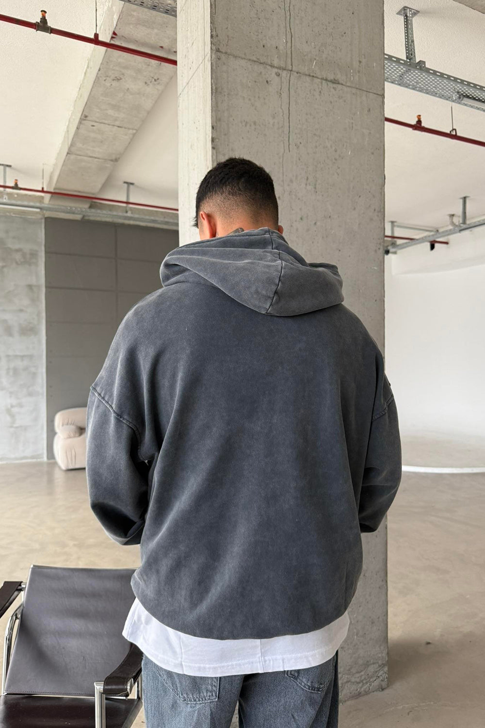Ζακέτα Φούτερ Acid Wash Oversized με Κουκούλα – Γκρι / Ξεπλυμένο Μαύρο