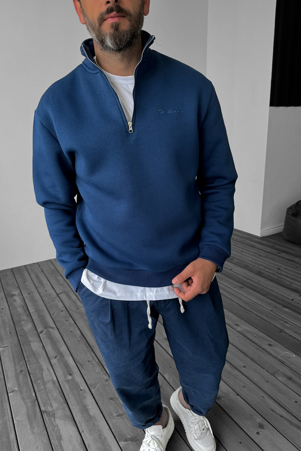 Φούτερ Premium με Μισό Φερμουάρ & Κεντητό Λογότυπο Με Εσωτερική Επένδυση  – Μπλε