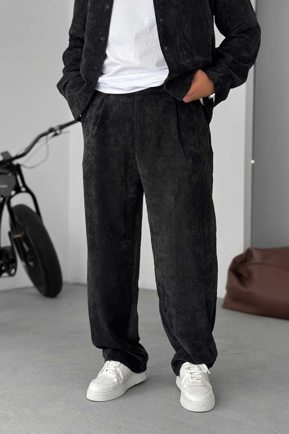 Ανδρικό Σετ Κοτλέ Oversized Πουκάμισο & Baggy Παντελόνι - Μαύρο