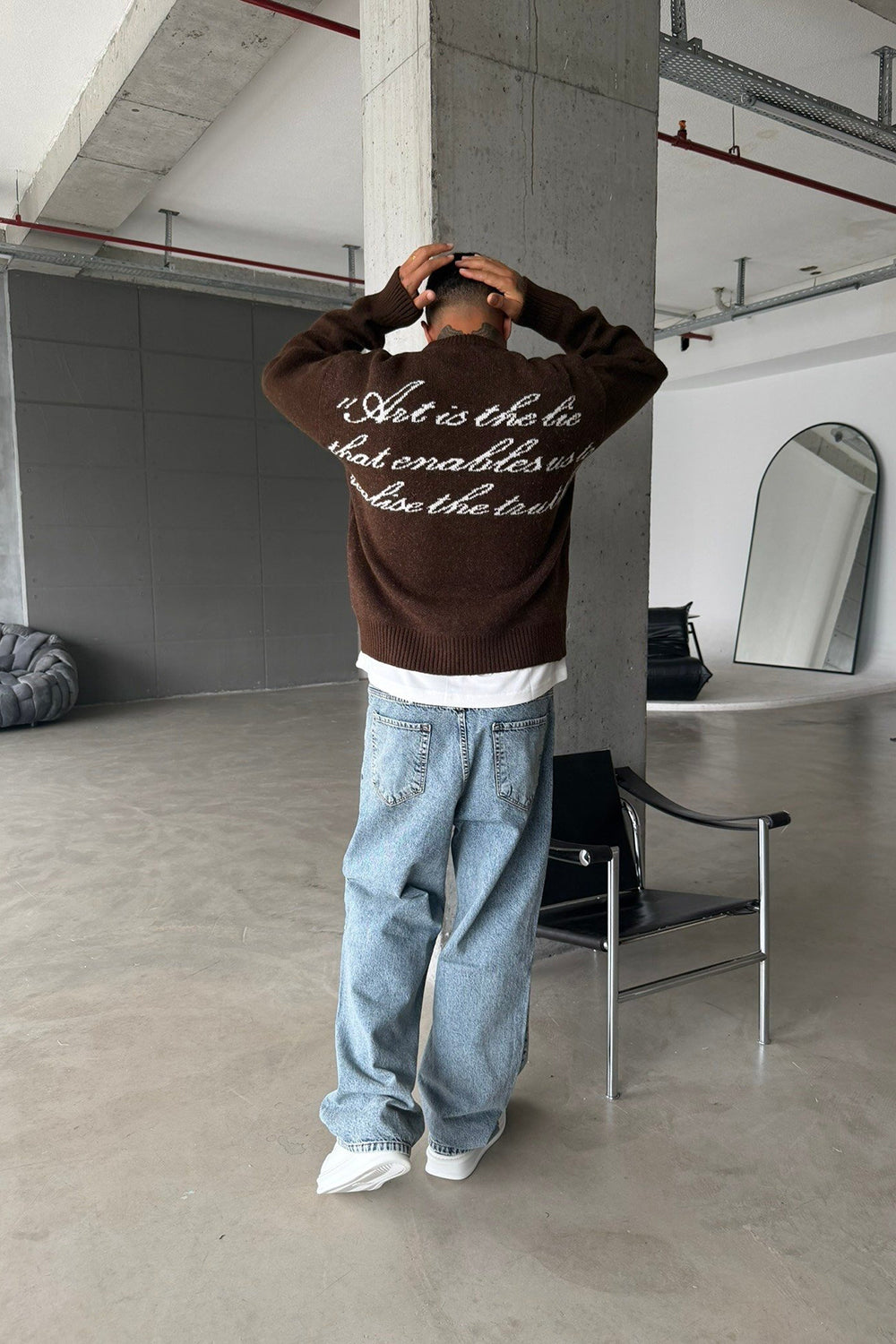 Art Life Πλεκτό Πουλόβερ Μπουκλέ με Κεντητό Μήνυμα – Καφέ