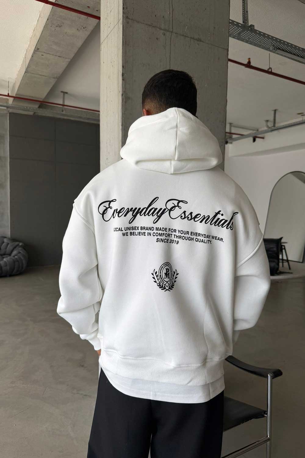 Φούτερ Premium Boxy Fit με Κουκούλα & Τυπώματα Everyday Essentials Με Εσωτερική Επένδυση – Λευκό