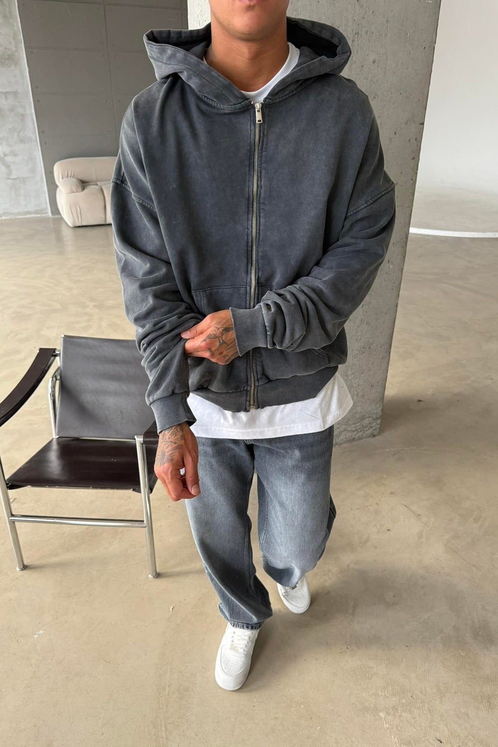 Ζακέτα Φούτερ Acid Wash Oversized με Κουκούλα – Γκρι / Ξεπλυμένο Μαύρο