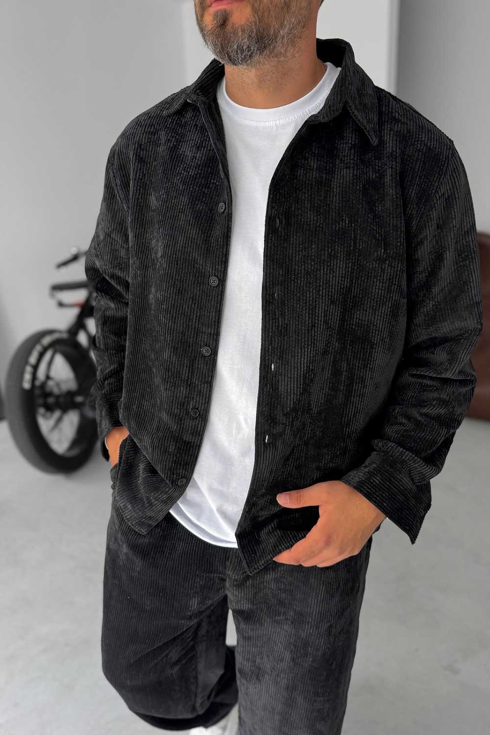 Ανδρικό Σετ Κοτλέ Oversized Πουκάμισο & Baggy Παντελόνι - Μαύρο