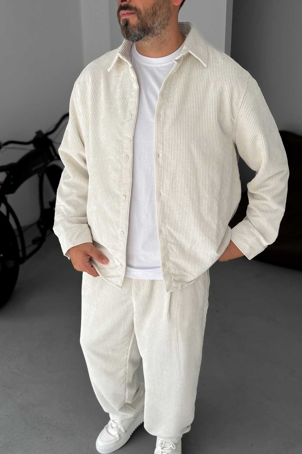 Ανδρικό Σετ Κοτλέ Oversized Πουκάμισο & Baggy Παντελόνι - Εκρού