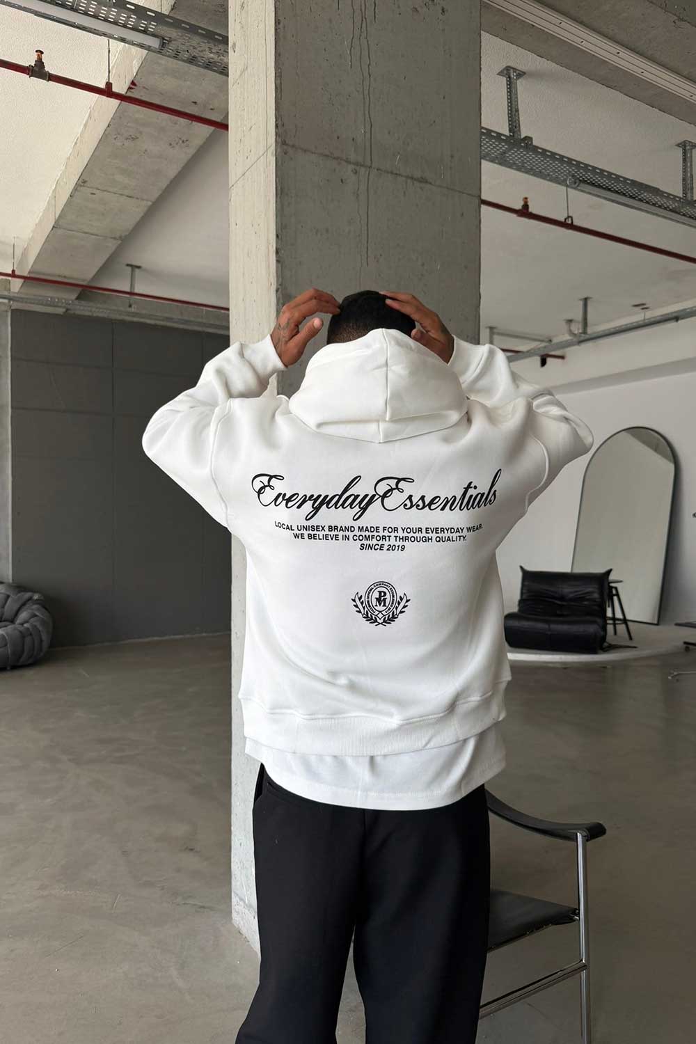 Φούτερ Premium Boxy Fit με Κουκούλα & Τυπώματα Everyday Essentials Με Εσωτερική Επένδυση – Λευκό