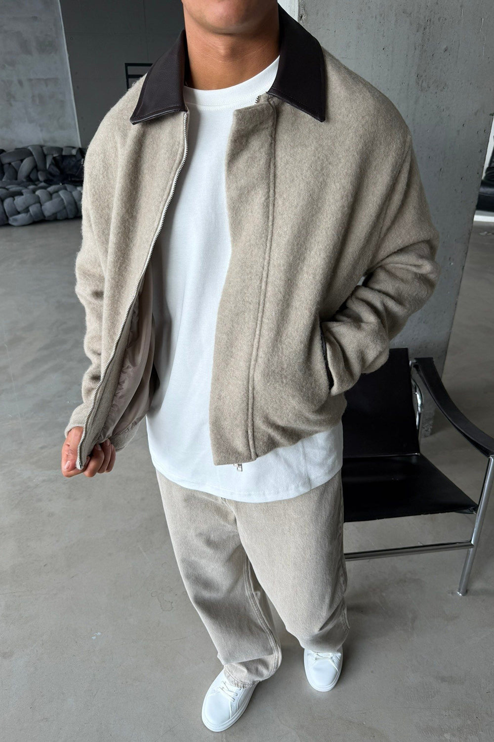 Teddy Bomber Jacket Μπεζ με Δερμάτινο Γιακά
