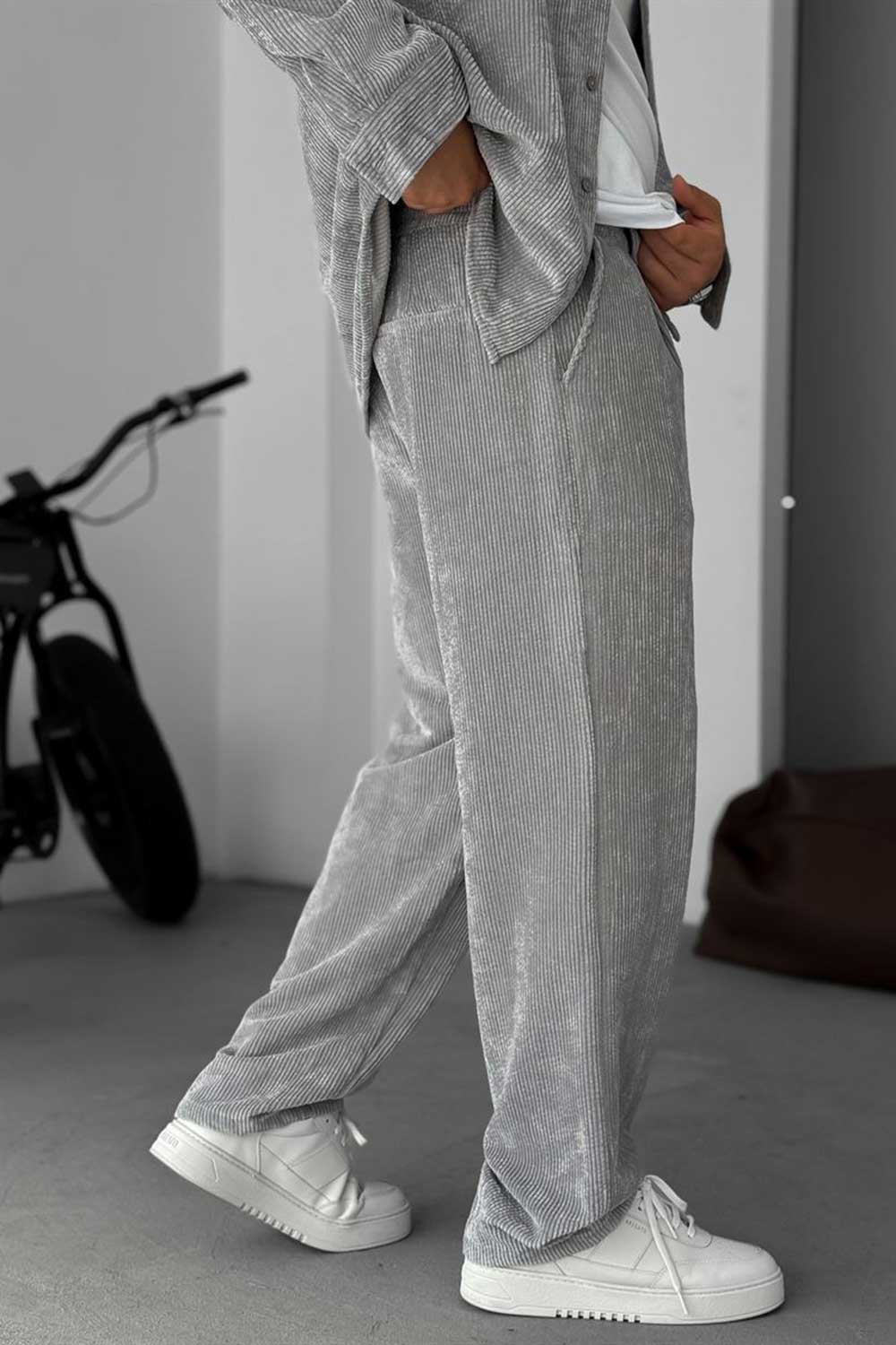 Ανδρικό Σετ Κοτλέ Oversized Πουκάμισο & Baggy Παντελόνι - Γκρι