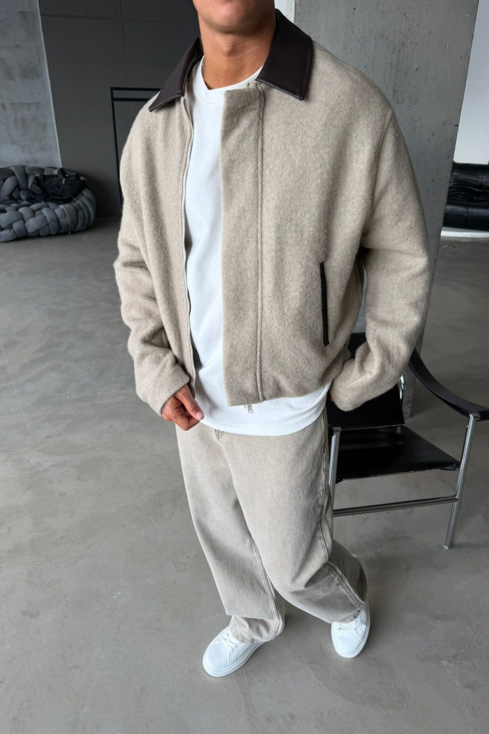Teddy Bomber Jacket Μπεζ με Δερμάτινο Γιακά