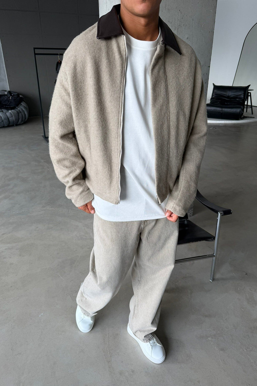Teddy Bomber Jacket Μπεζ με Δερμάτινο Γιακά