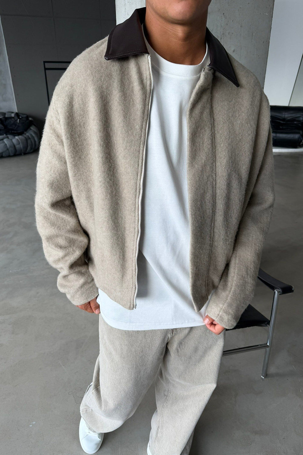 Teddy Bomber Jacket Μπεζ με Δερμάτινο Γιακά