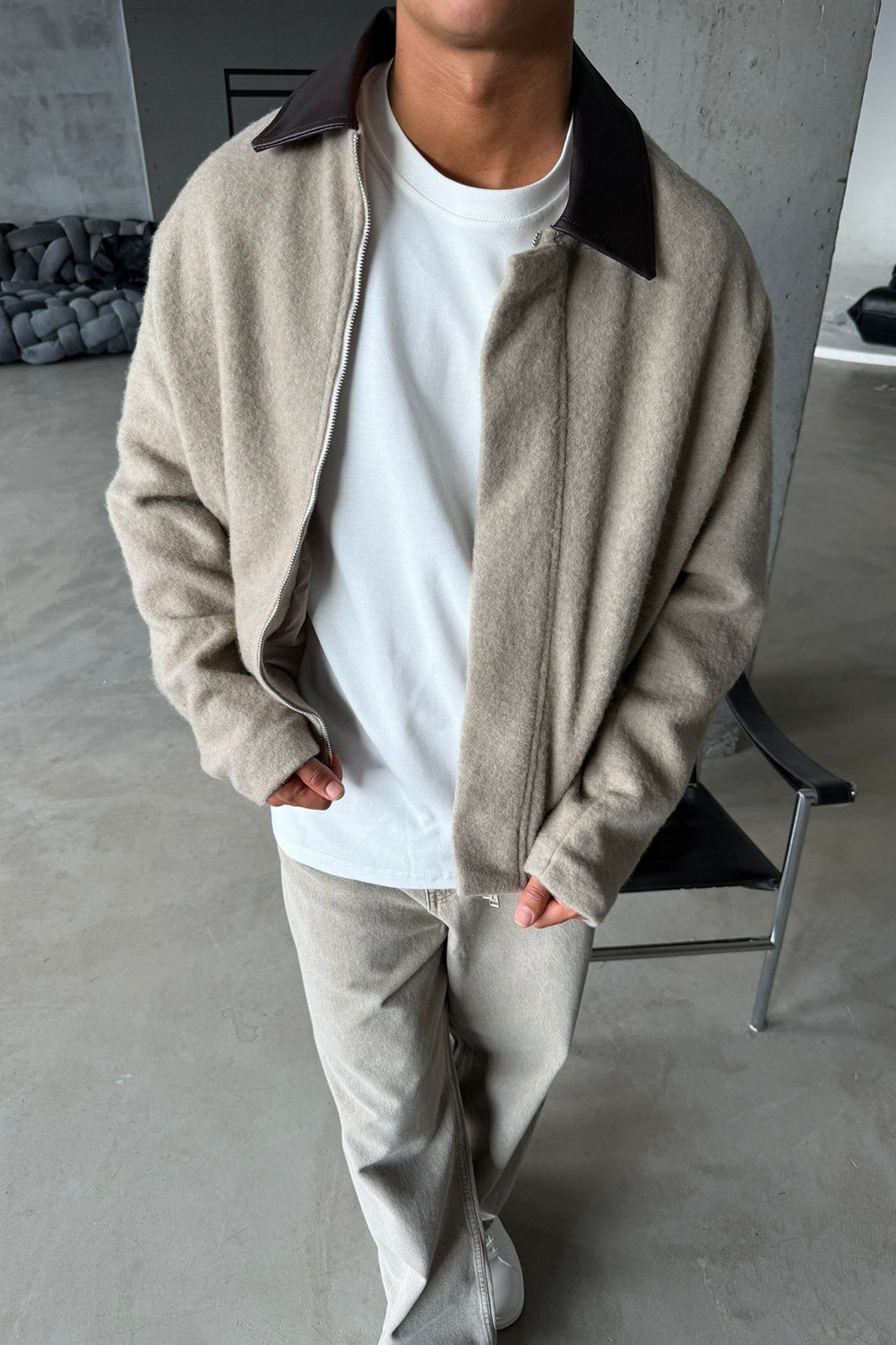 Teddy Bomber Jacket Μπεζ με Δερμάτινο Γιακά
