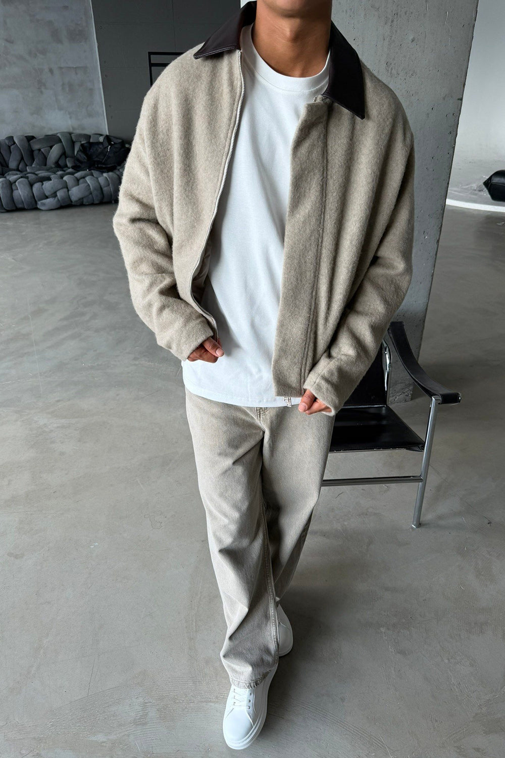 Teddy Bomber Jacket Μπεζ με Δερμάτινο Γιακά