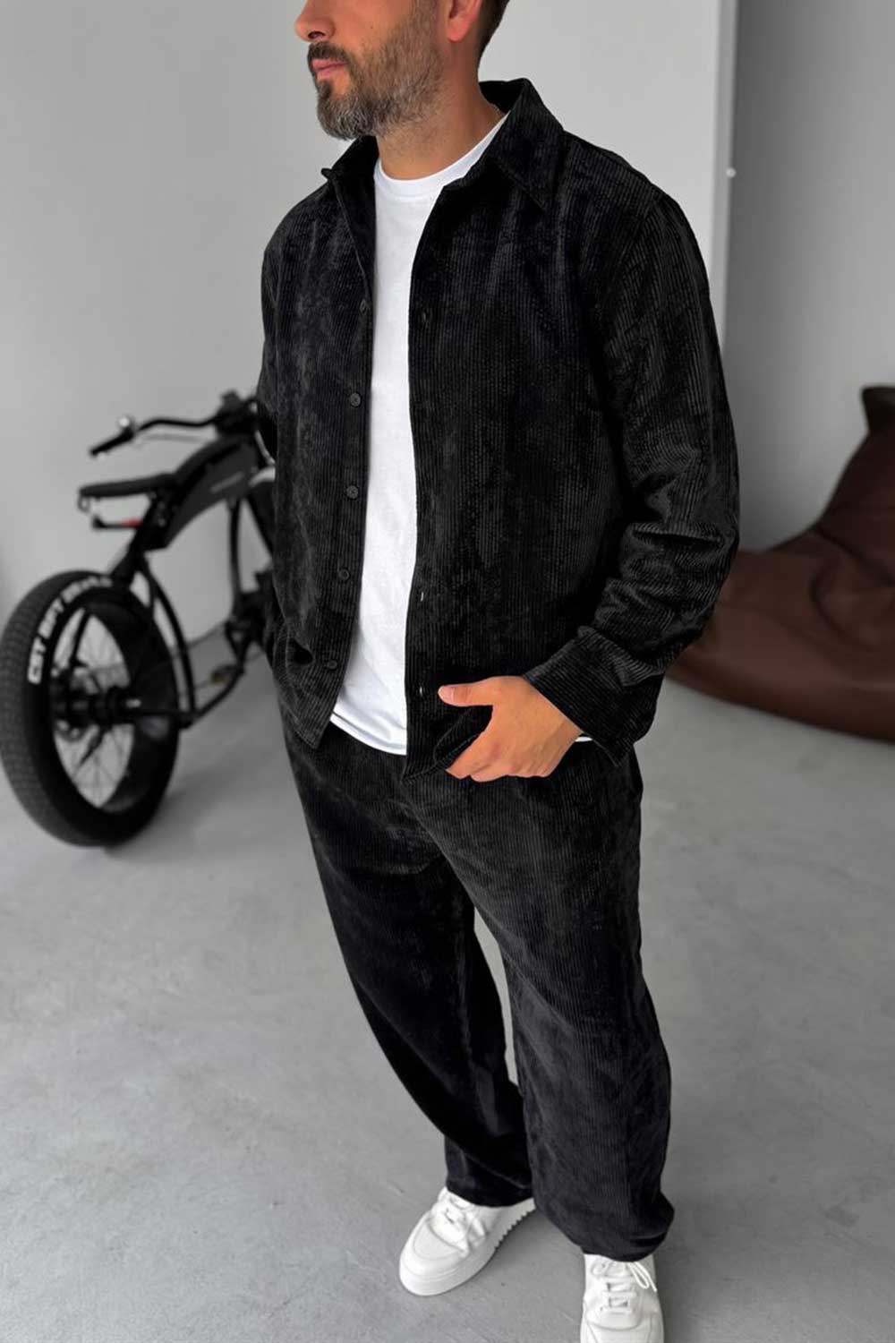 Ανδρικό Σετ Κοτλέ Oversized Πουκάμισο & Baggy Παντελόνι - Μαύρο