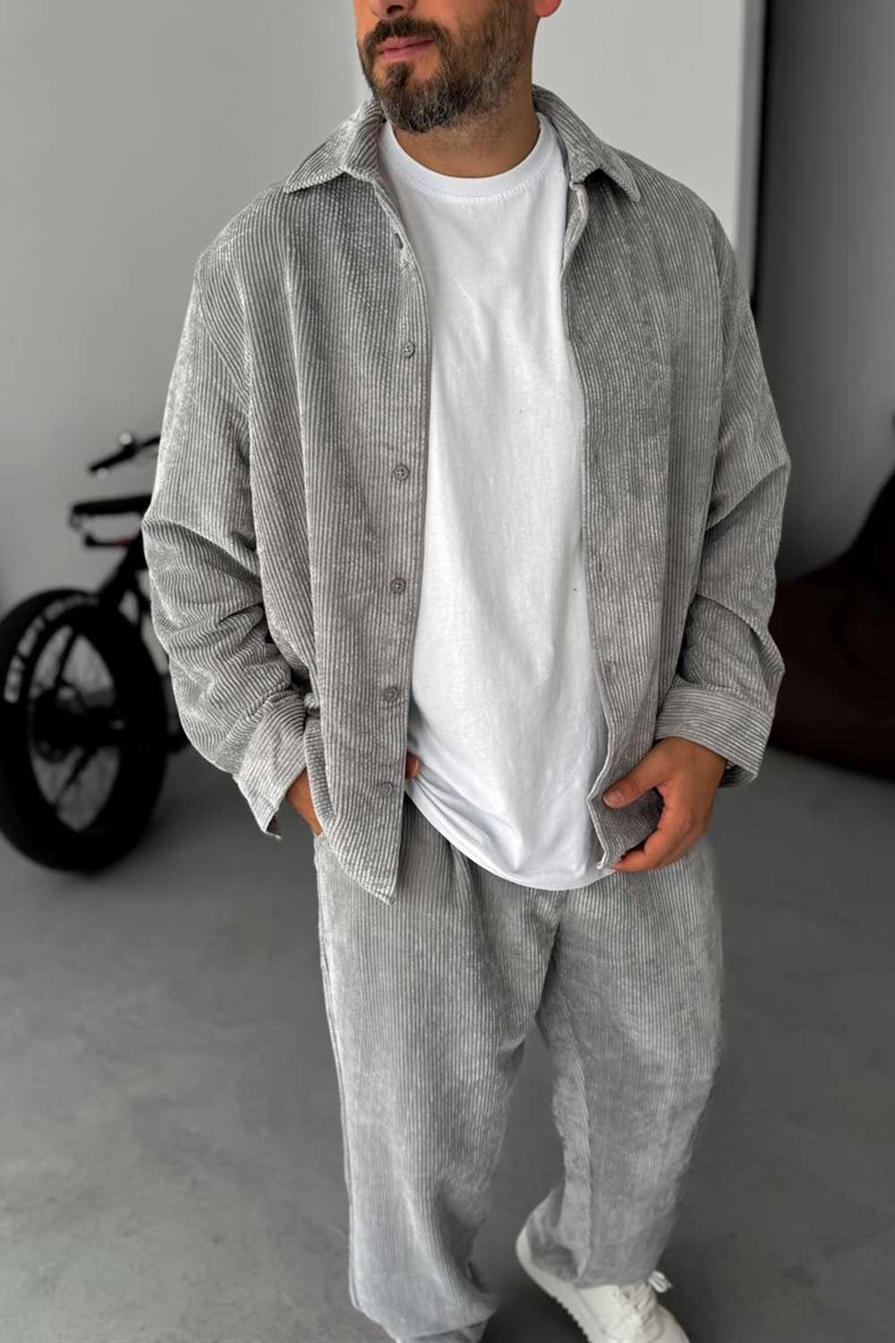 Ανδρικό Σετ Κοτλέ Oversized Πουκάμισο & Baggy Παντελόνι - Γκρι