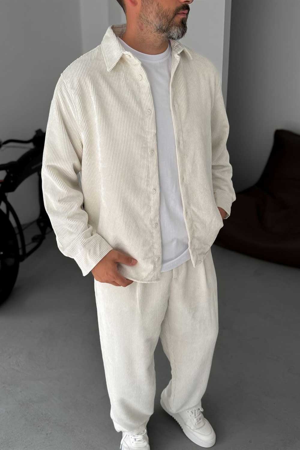 Ανδρικό Σετ Κοτλέ Oversized Πουκάμισο & Baggy Παντελόνι - Εκρού