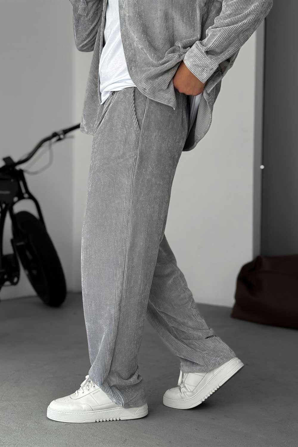 Ανδρικό Σετ Κοτλέ Oversized Πουκάμισο & Baggy Παντελόνι - Γκρι