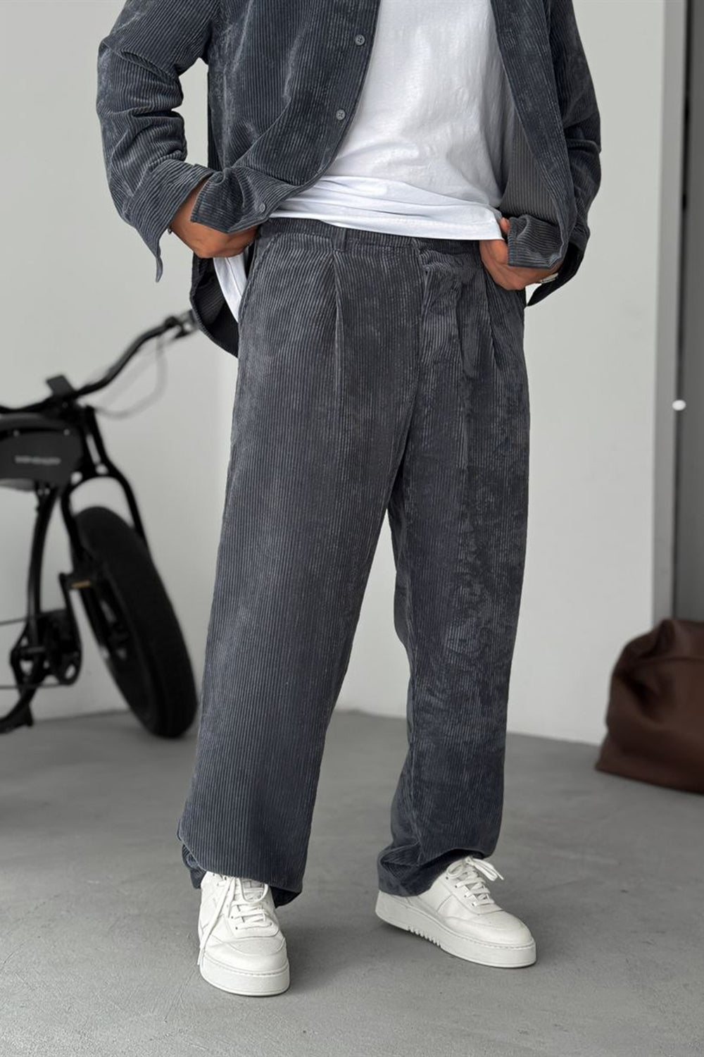 Ανδρικό Σετ Κοτλέ Oversized Πουκάμισο & Baggy Παντελόνι-Ανθρακί