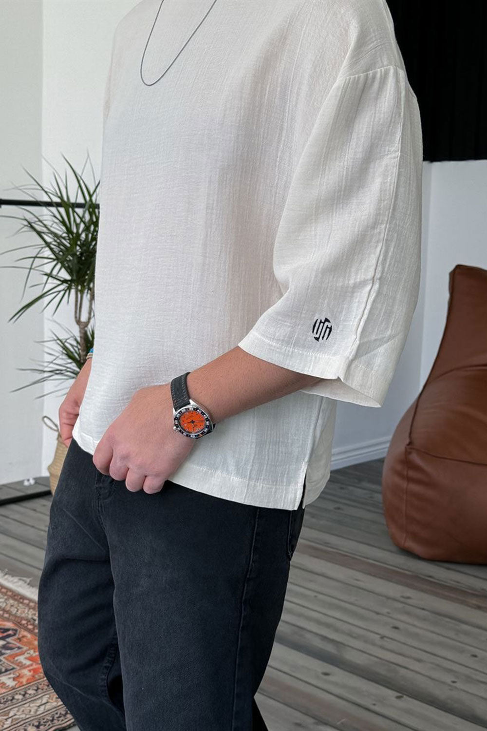 Three-Quarter 3/4 Sleeve T-Shirt σε Ύφανση Μουσελίνα – Μπεζ