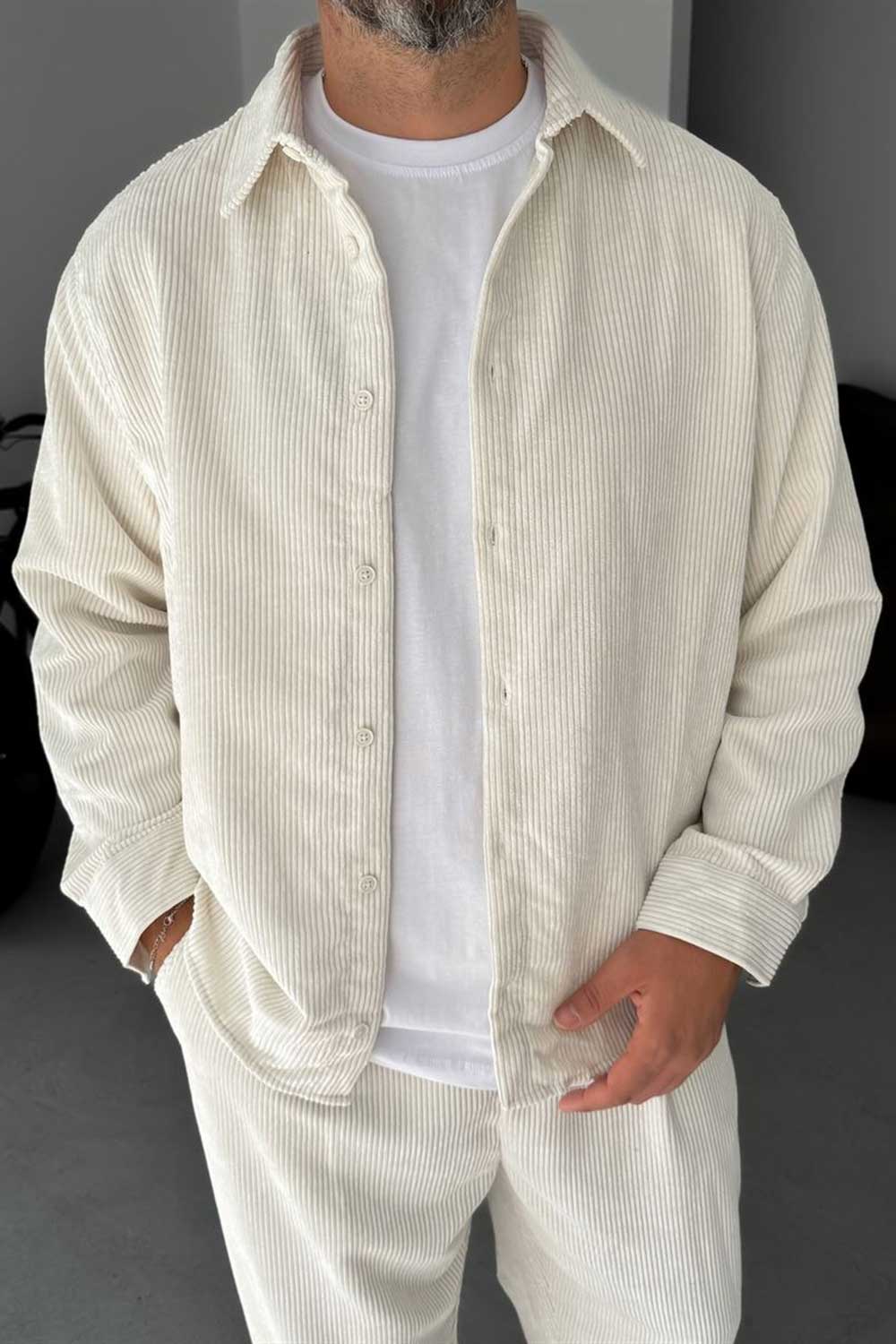 Ανδρικό Σετ Κοτλέ Oversized Πουκάμισο & Baggy Παντελόνι - Εκρού