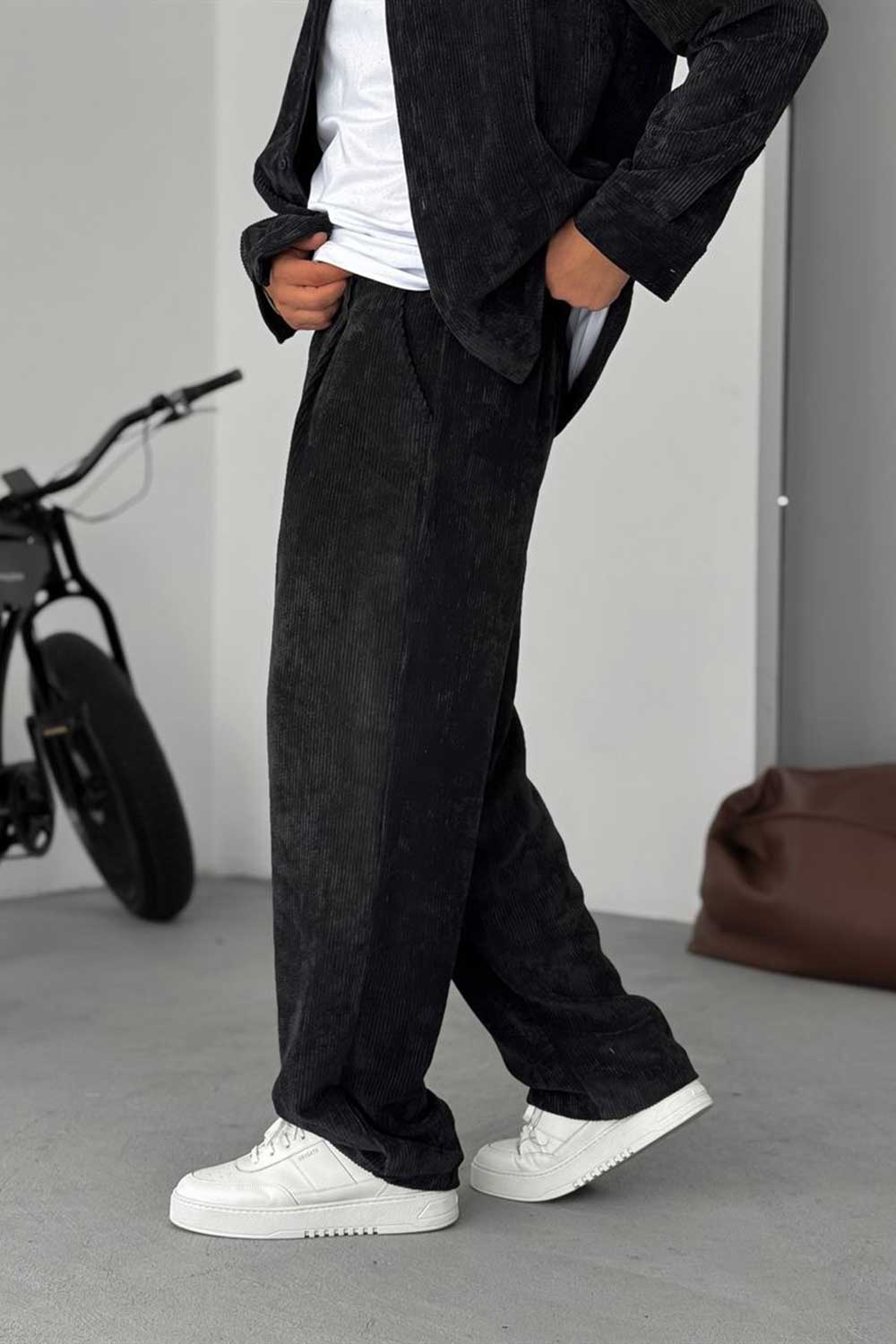 Ανδρικό Σετ Κοτλέ Oversized Πουκάμισο & Baggy Παντελόνι - Μαύρο