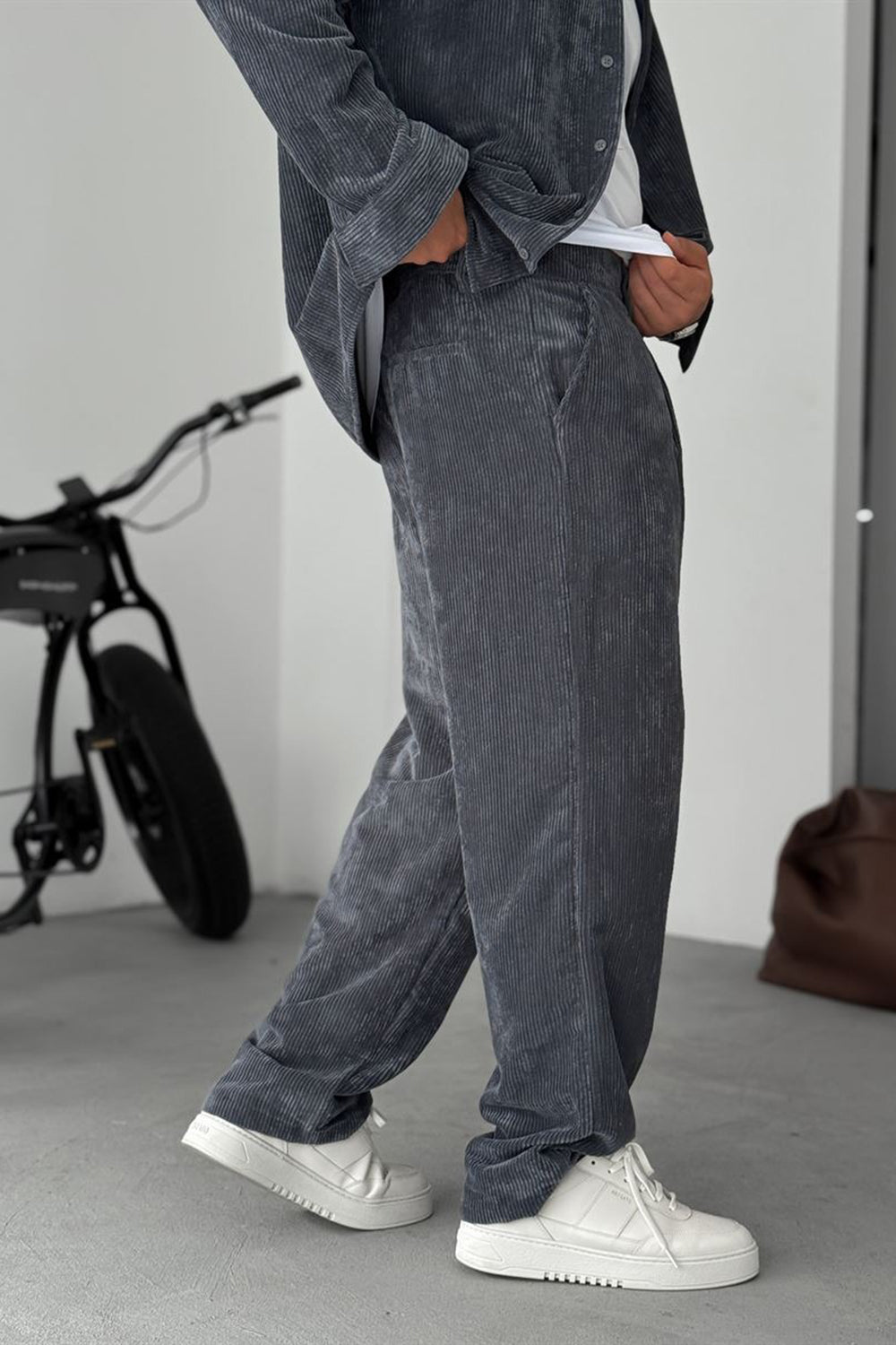 Ανδρικό Σετ Κοτλέ Oversized Πουκάμισο & Baggy Παντελόνι-Ανθρακί