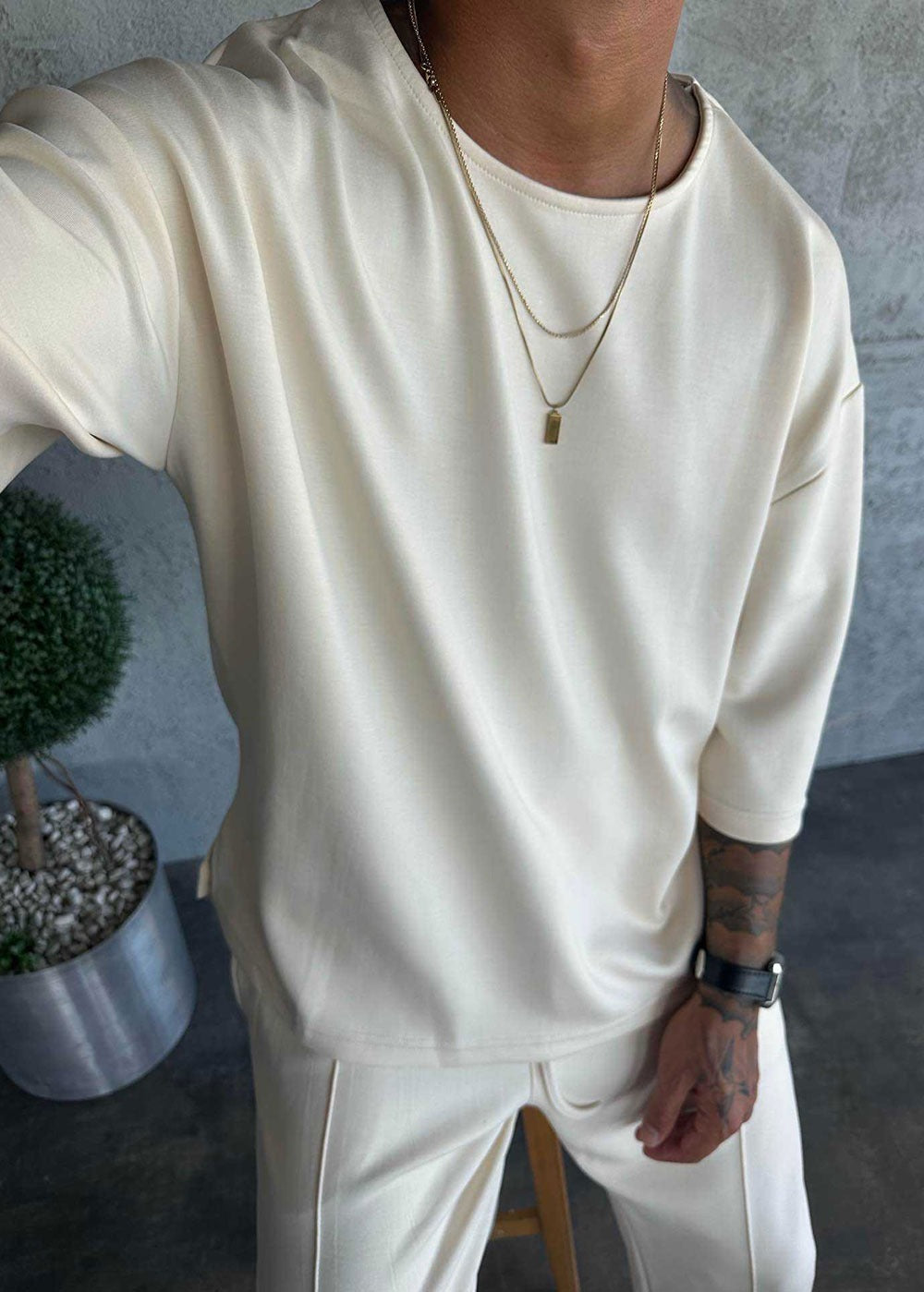 Three-Quarter 3/4 Sleeve T-Shirt Με Ελαστικότητα – Μπεζ-Εκρού