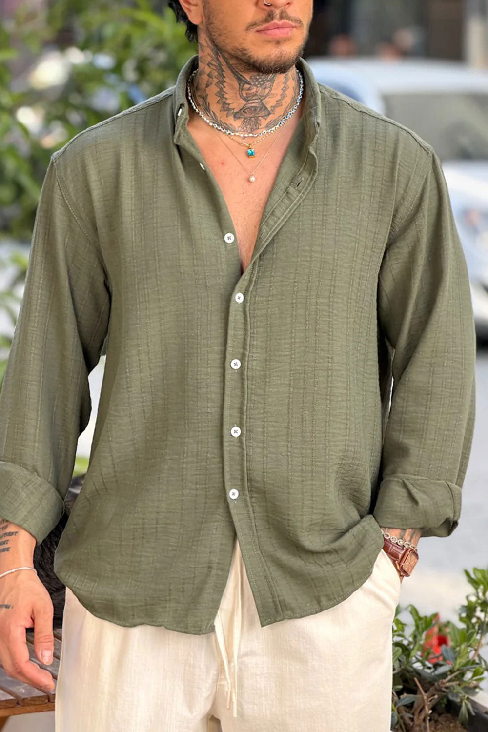 Πουκάμισο Linen-Blend Textured Stripe Studio – Χακί
