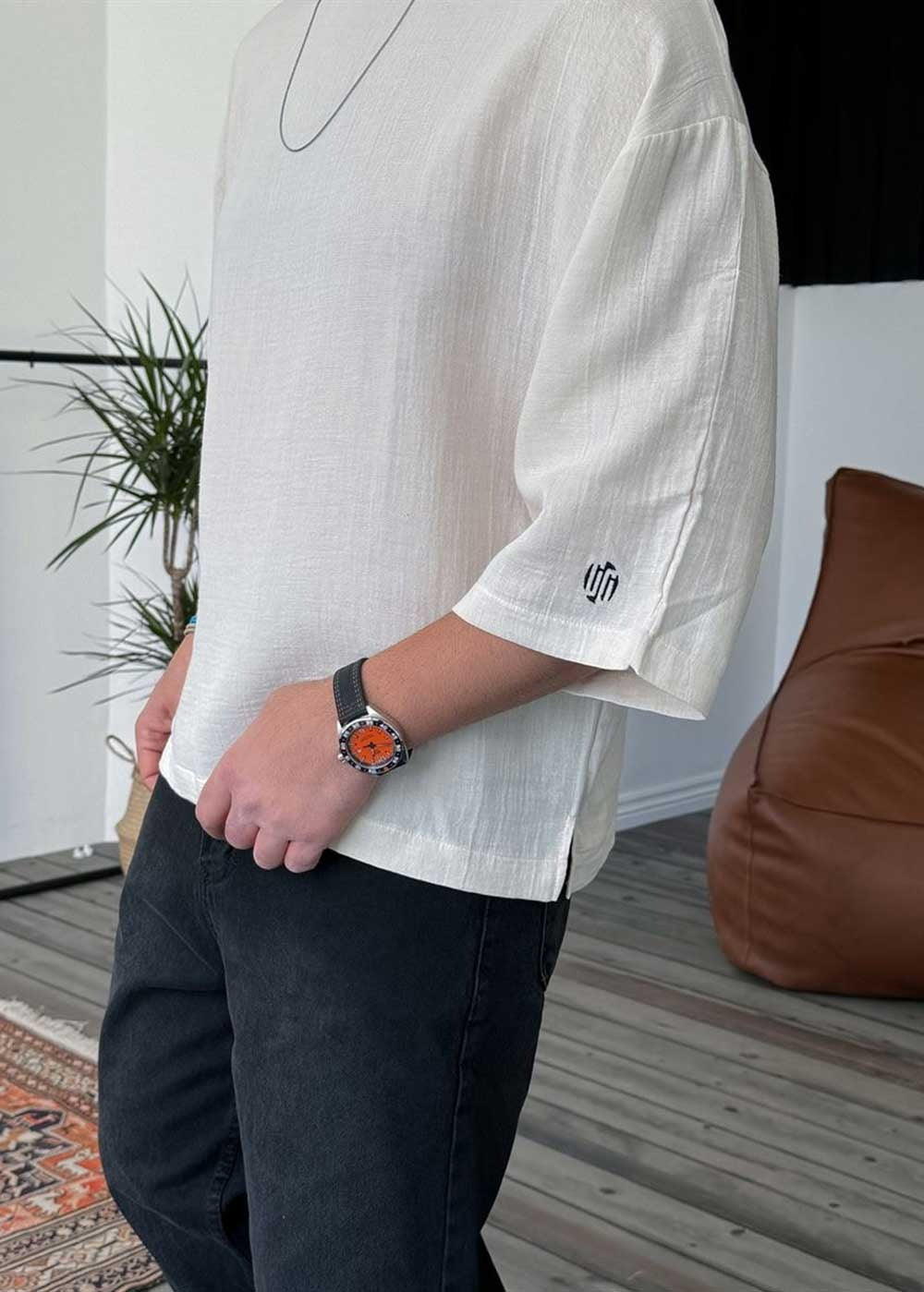 Three-Quarter 3/4 Sleeve T-Shirt σε Ύφανση Μουσελίνα – Λευκό – 6