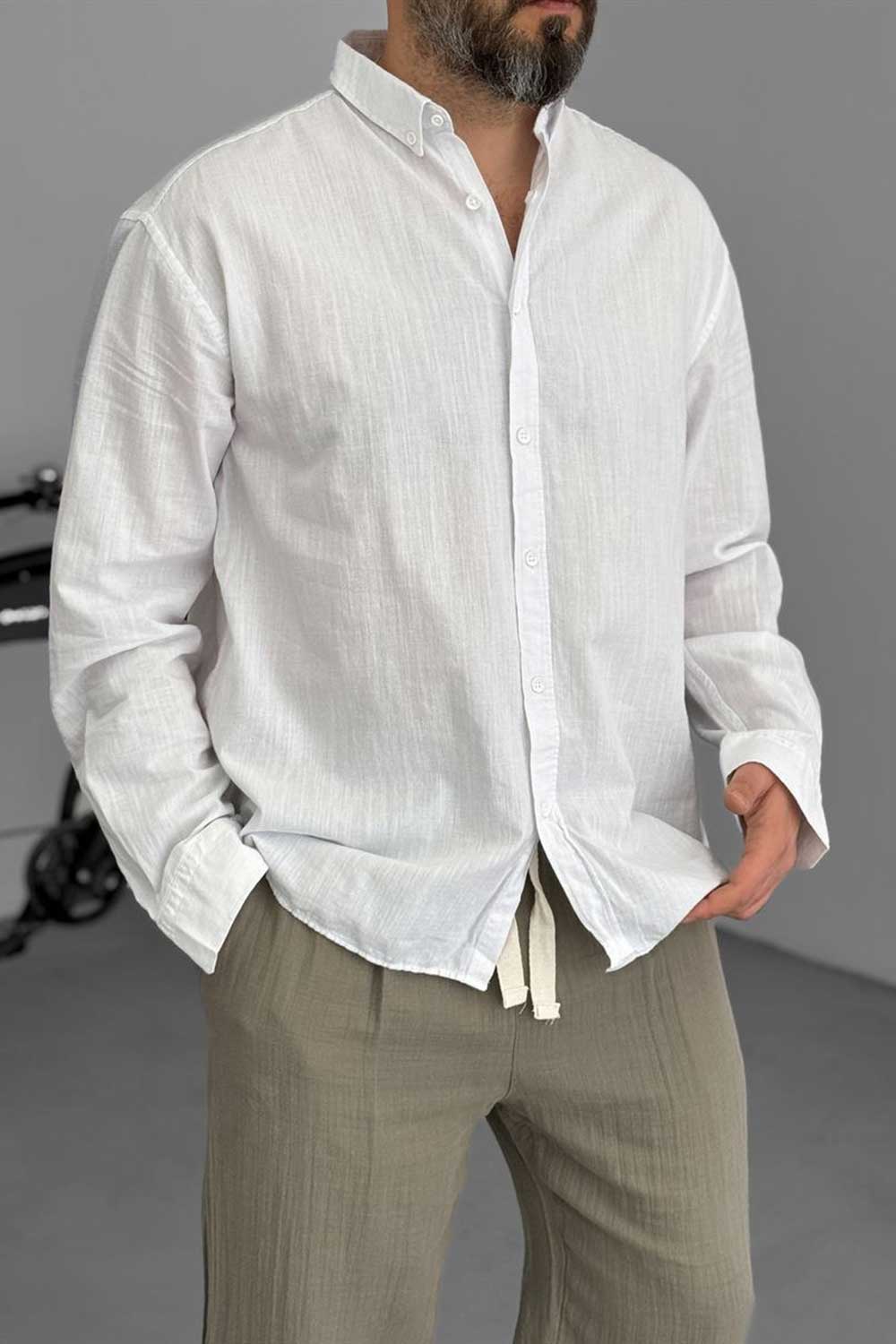 Fresh Basic Relax Πουκάμισο Από Λινό – Λευκό- Εκρού
