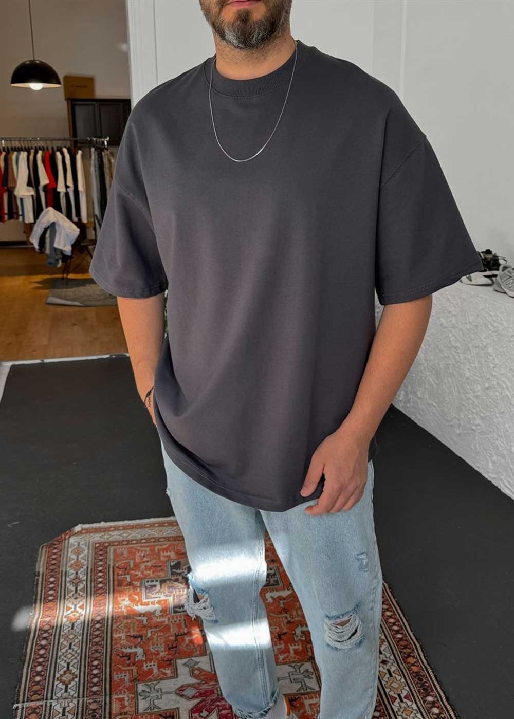 Basic Oversized T-Shirt Με Οβάλ Τελείωμα Σε Ύφανση Δύο Κλωστών-Ανθρακί