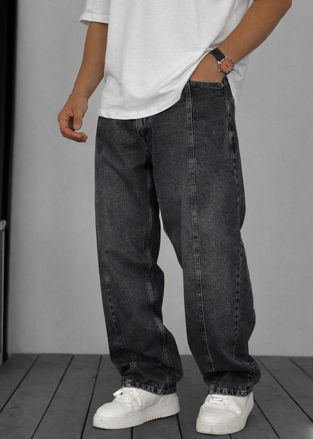 Washed Baggy Jean με Τονισμένη Μπροστινή Ραφή – Ανθρακί – 3