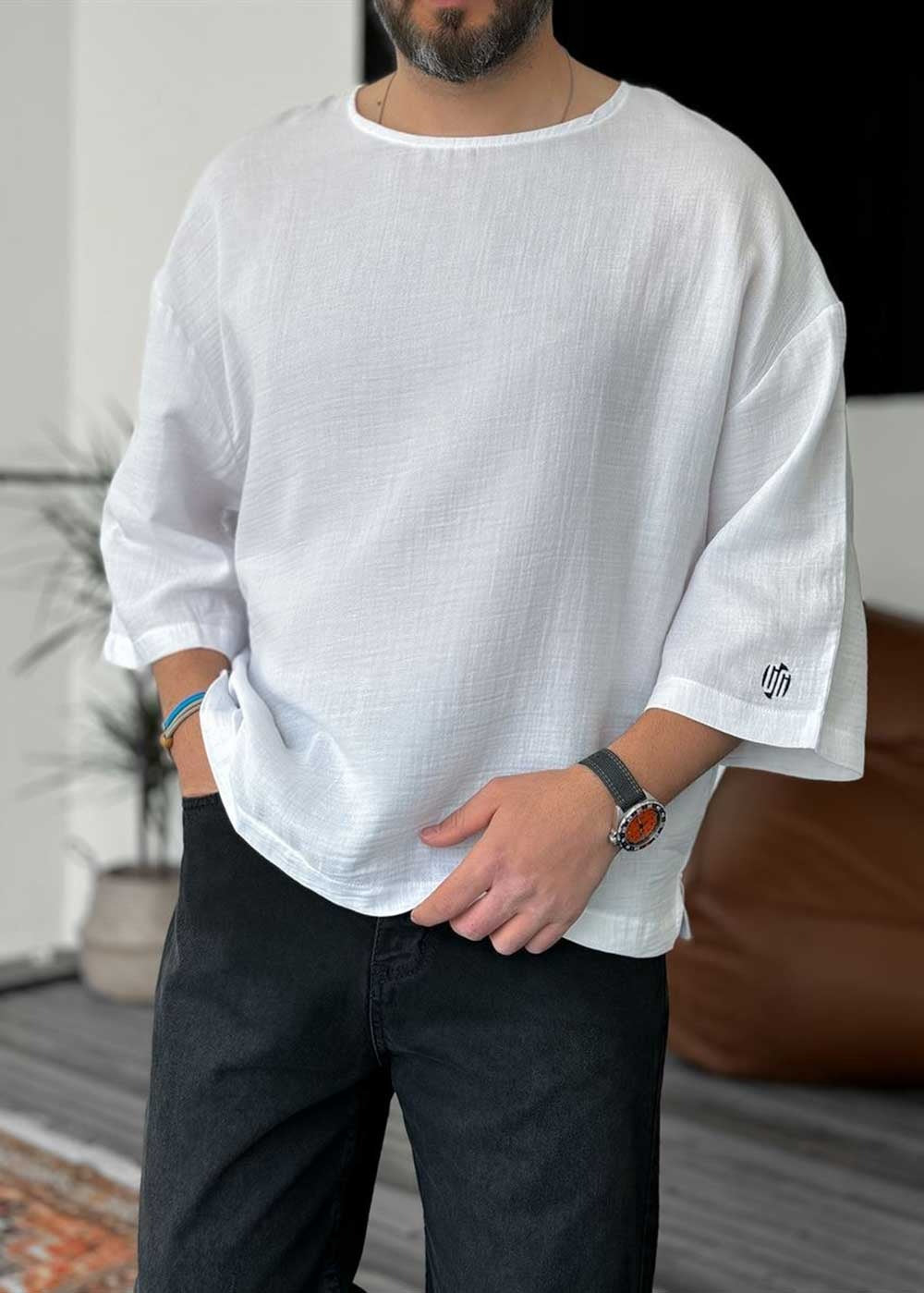 Three-Quarter 3/4 Sleeve T-Shirt σε Ύφανση Μουσελίνα – Λευκό