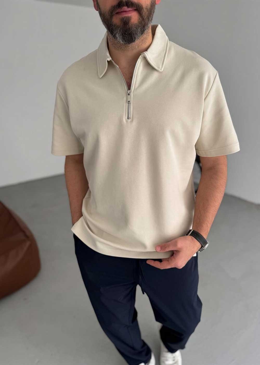 Polo Oversized T-Shirt Με Φερμουάρ – Μπεζ